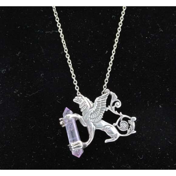 Unbranded Jewelry - 925 Sterling Silver Griffin Gryphon Amethyst Crystal Point Necklace Fantasy